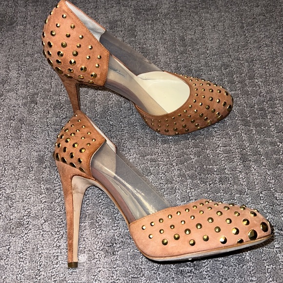 Brian Atwood nude suede studded platform heels sz 38.5 - Picture 4 of 9